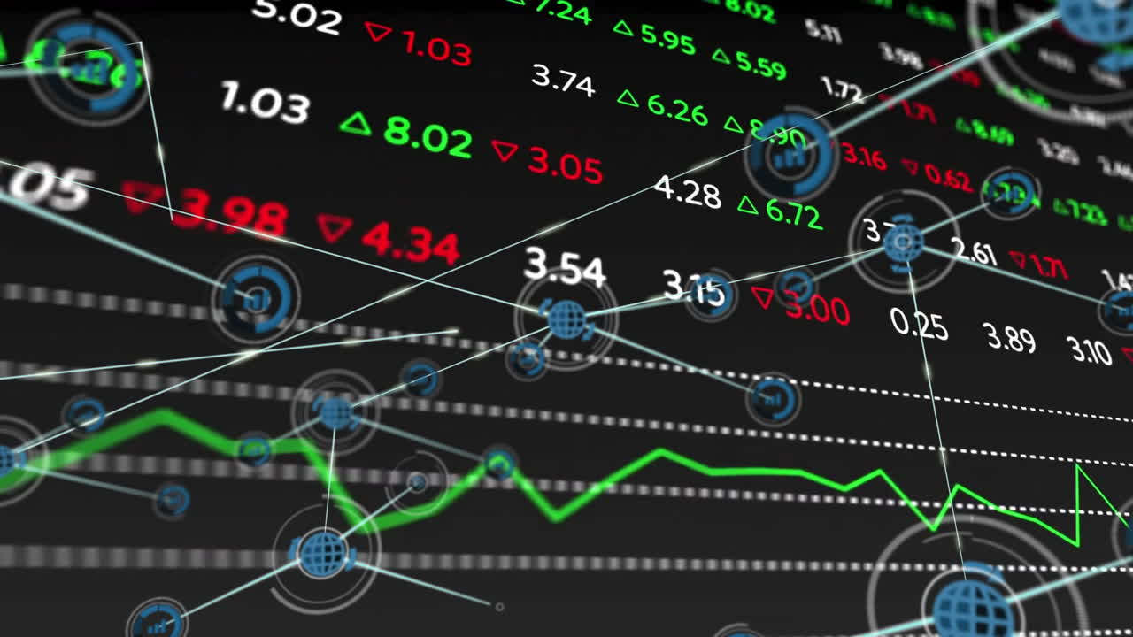 animación del procesamiento de datos financieros a través de una red de conexiones