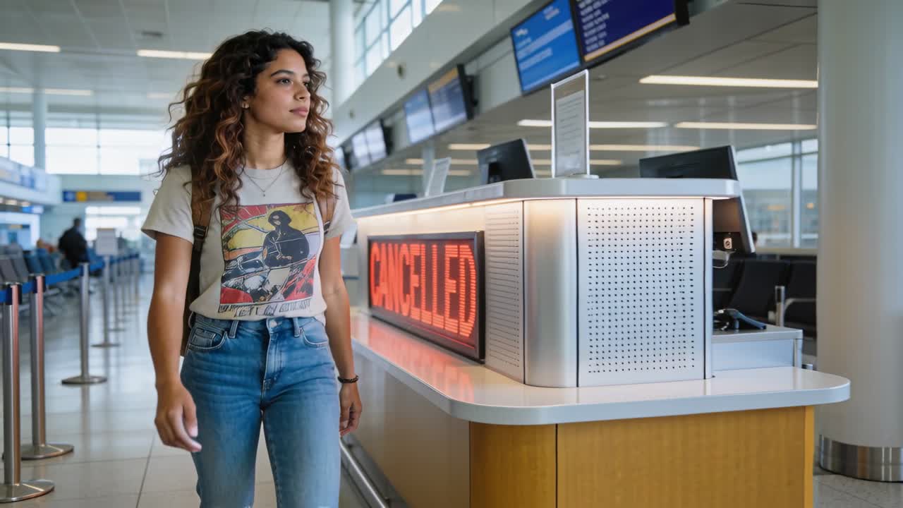 Mujer caminando con camiseta estampada, vaqueros rotos, mochila, mirando de reojo un cartel rojo de CANCELADO en la terminal.