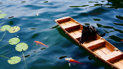 black cat in a wooden boat on a pond with koi fish