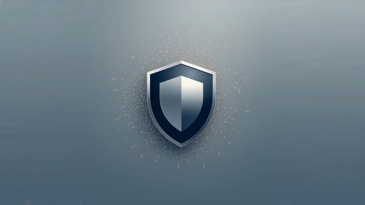 Growing halo sparking dots around two-tone metal shield emblem emphasizing chrome rim on studio bg