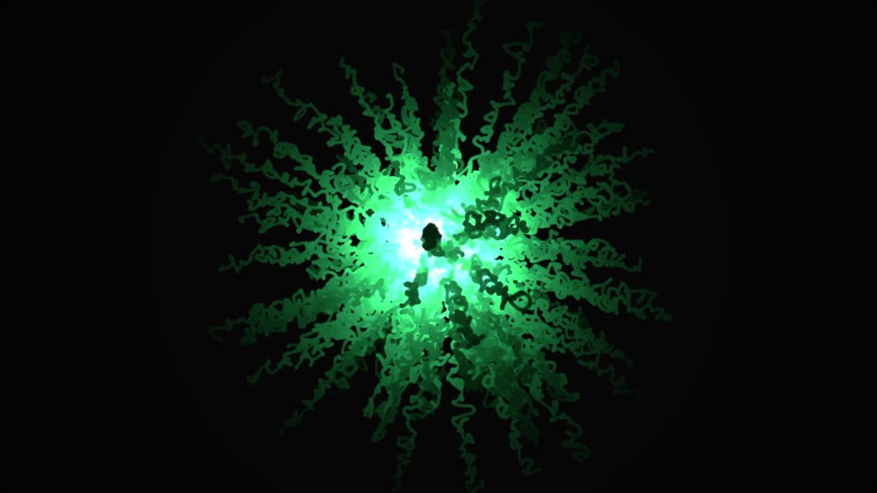 초록색 지그자그 선의 추상적인 애니메이션, 검은색 배경에서 중심에서 움직입니다.