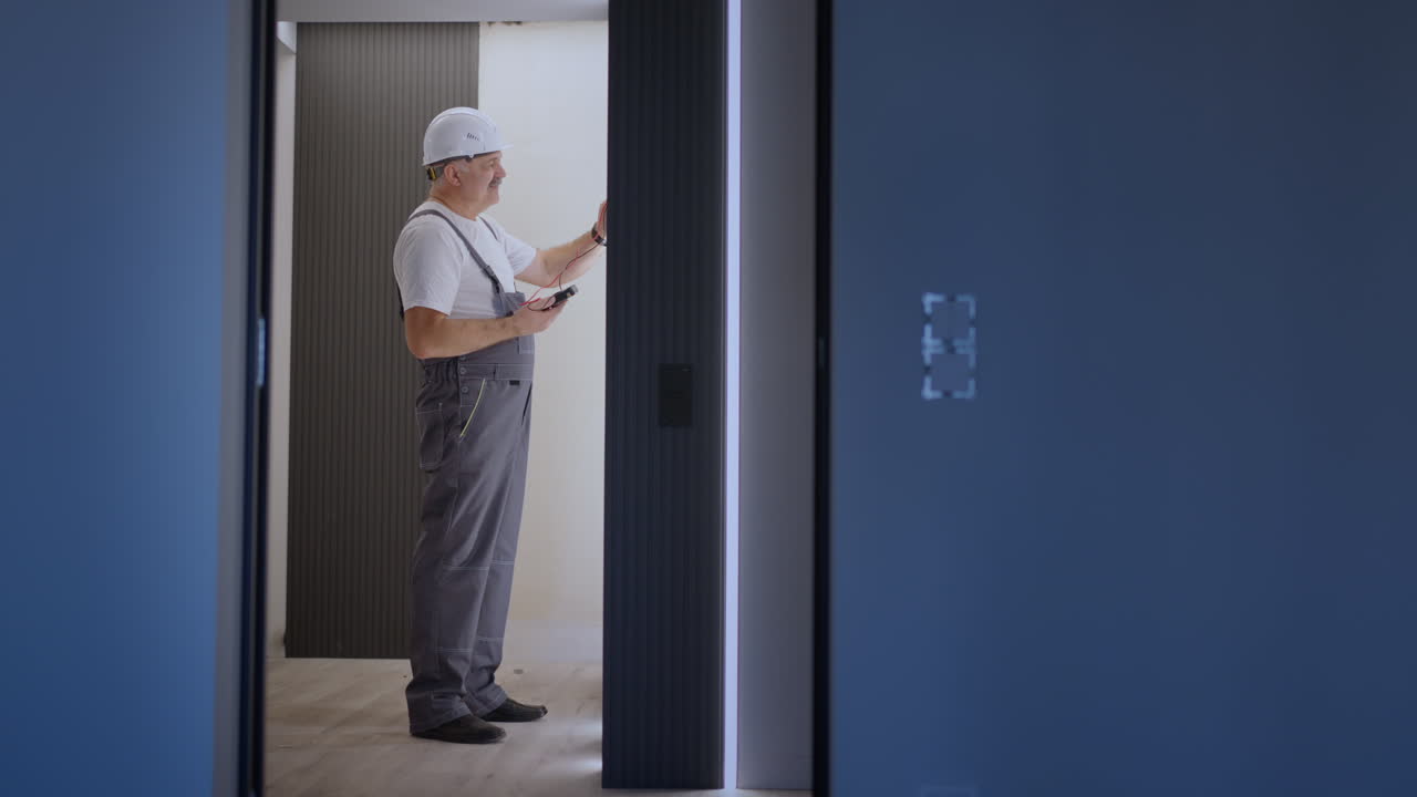 Camera approaches Electric checks the operation of the wall control unit of the lamps with the system of a modern house after installation and repair