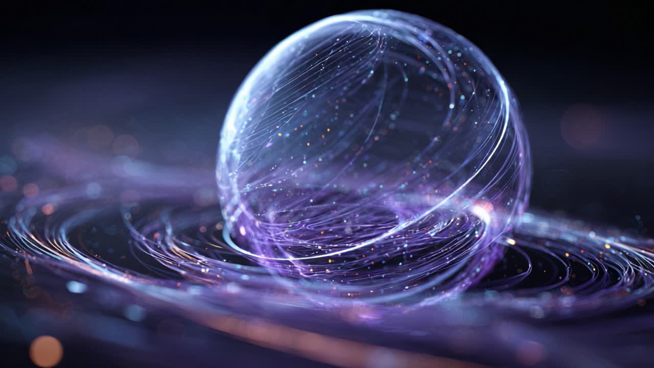 Visualizzazione digitale di una sfera trasparente futuristica che si illumina di luce viola mentre linee e particelle vorticose si muovono intorno e al suo interno, rappresentando concetti di tecnologia ed energia