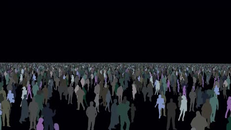 fast camera zooming out of big people crowd in the black isolated background people in fog background - animation