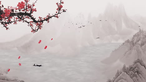 Chinas-Traditionelle,-Chinesische-Tuschemalerei-In-Den-Bergen-Mit-Blumen,-Bäumen,-Vögeln-Und-Einem-Fluss-Im-Nebel-Als-Hintergrundbild