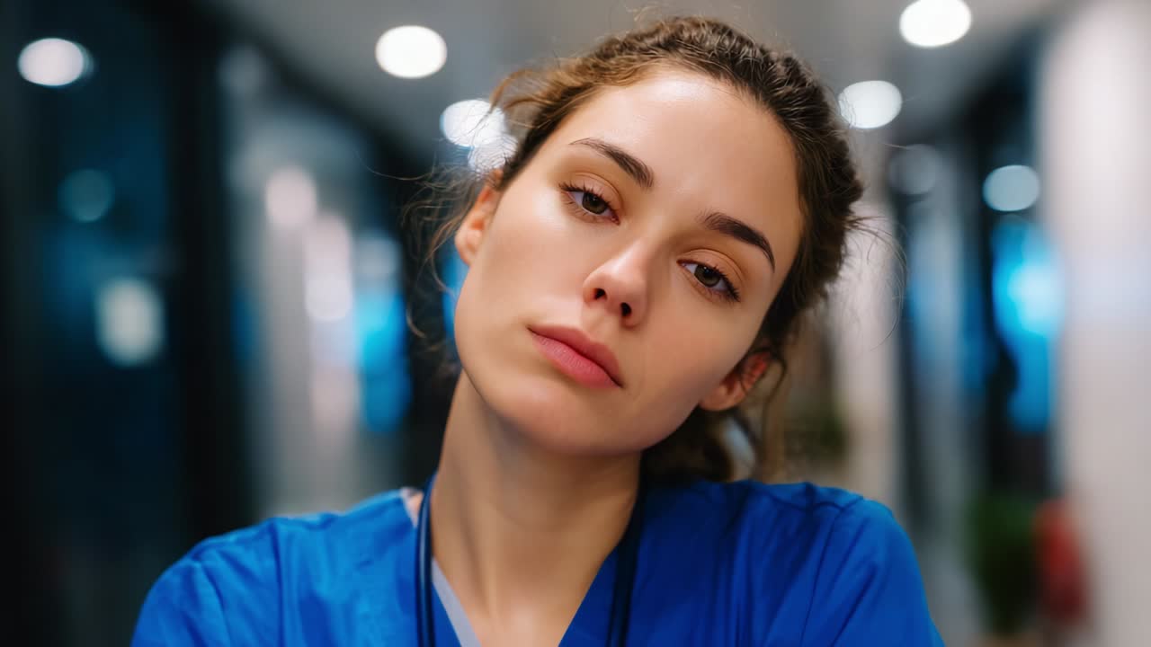 A reflective moment captured in a clinic corridor, showcasing a healthcare professional in blue scrubs, exuding a sense of seriousness and dedication while facing the challenges of modern medicine