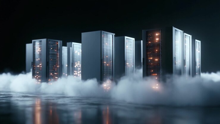 A Stunning and Atmospheric Visualization of Data Centers Surrounded by Wisps of Fog, Highlighting Modern Technology and Digital Infrastructure in an Artistic Frame