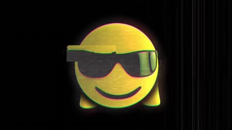 Digital-animation-of-glitch-effect-over-face-with-sunglasses-emoji-against-black-background