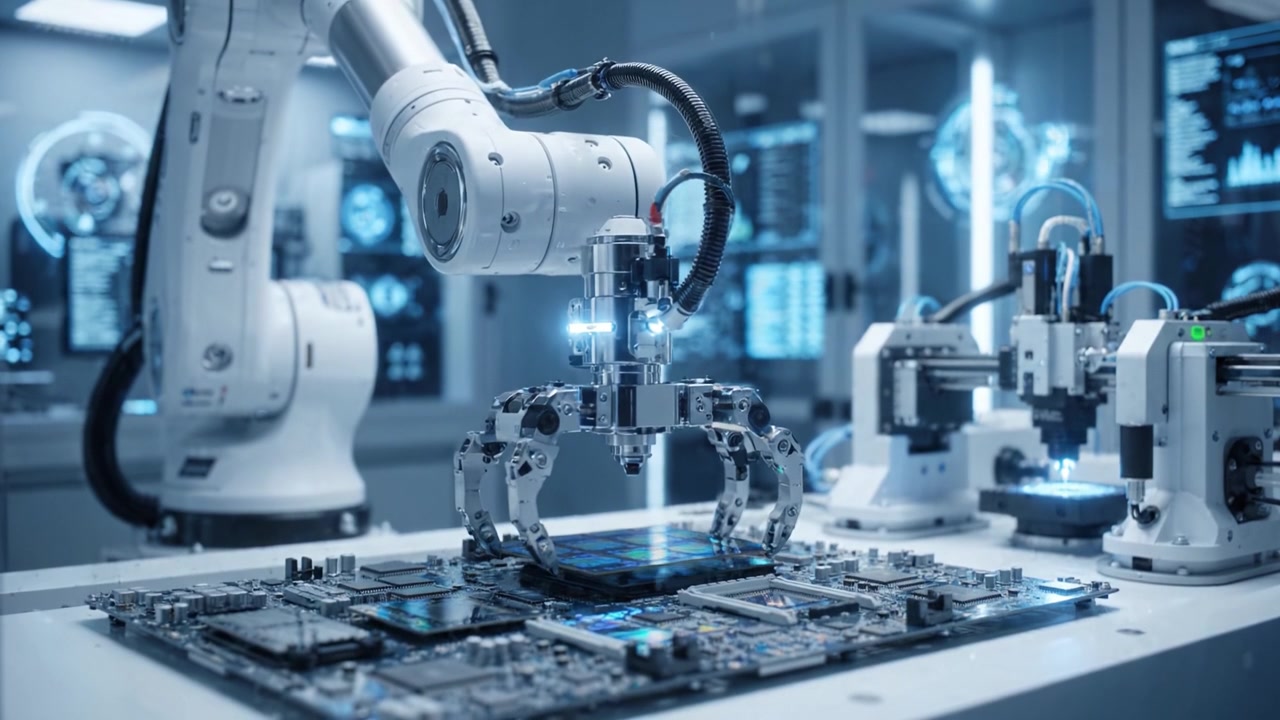Automated Robotic Arm Working on Advanced Circuit Board Technology in a High-Tech Lab Environment, Showcasing Precision Engineering and Robotics in Action