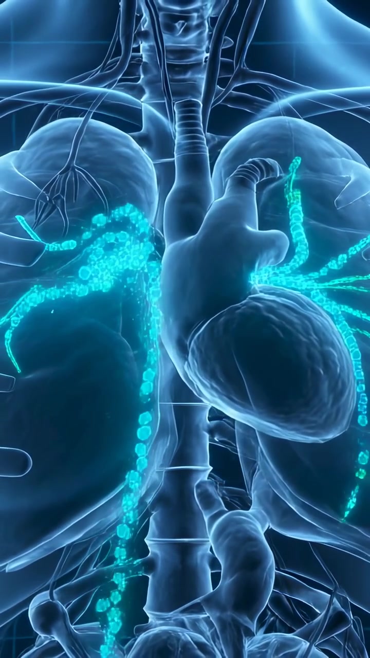 Vertical video: Starting chest 3D render showing cyan lymph flowing to venous angle for education