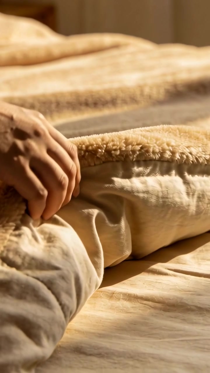 Video verticale: Mano con manica beige che riordina una coperta in pile e un lenzuolo sul letto in camera da letto.