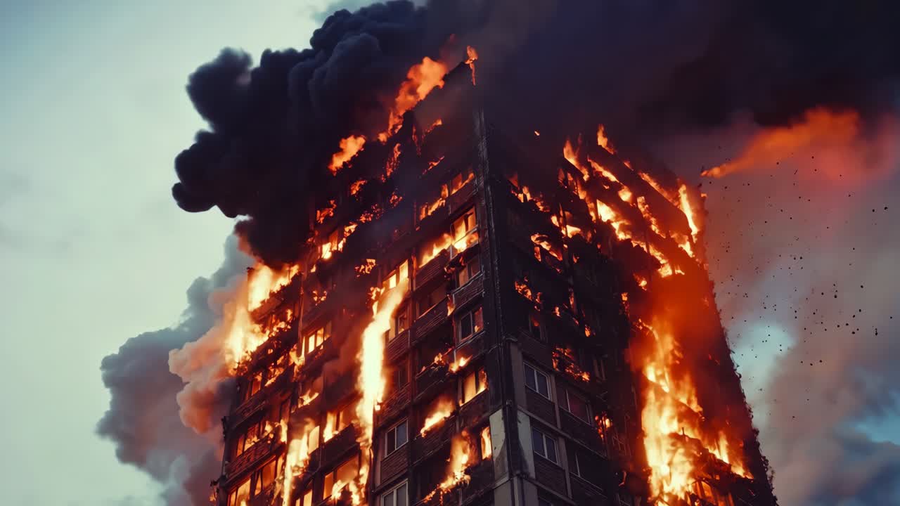 un edificio alto en llamas con humo negro que se eleva desde la parte superior