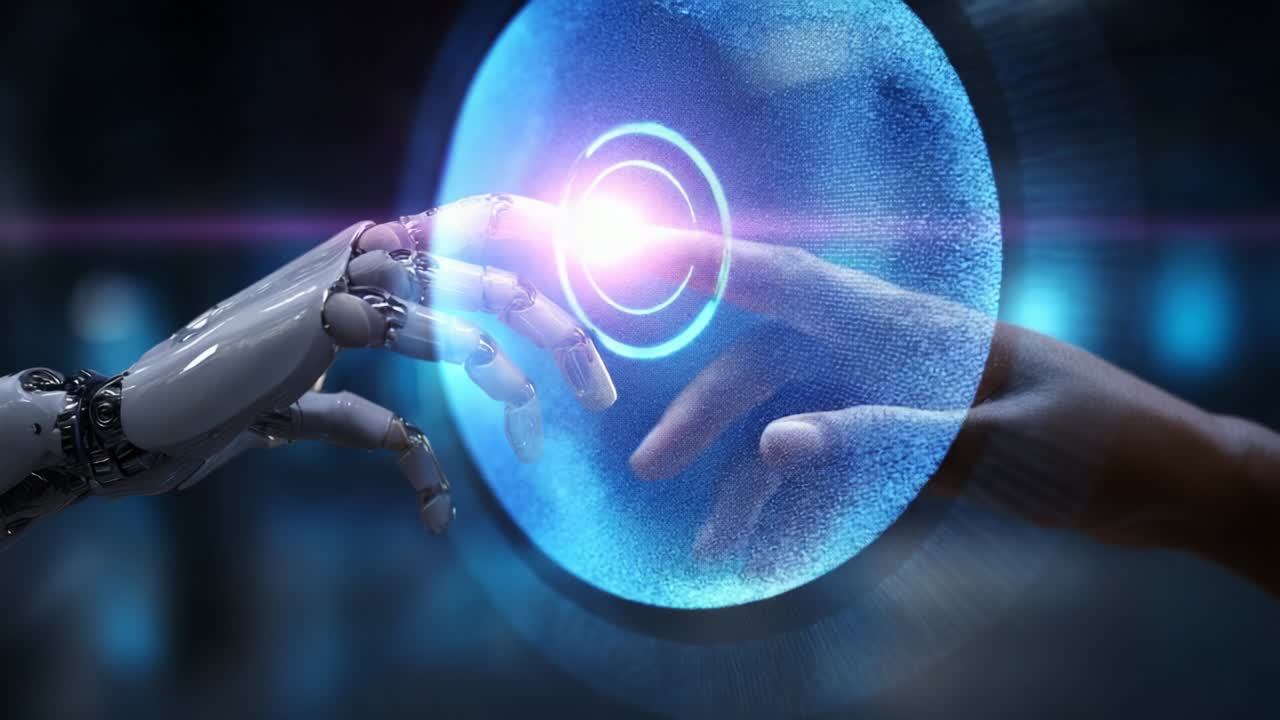 A Futuristic Encounter: Human and Robot Interact in a Captivating Moment of Connection with Energetic Visual Effects Symbolizing the Merge of Technology and Humanity in a Metaphorical Gesture