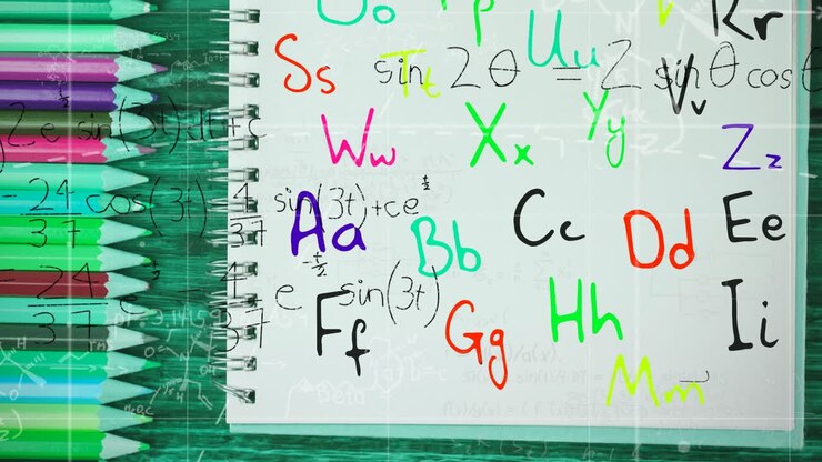 Animazione di formule matematiche e lettere in movimento su pastelli a cera e quaderno