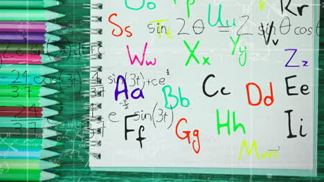 Animation of moving mathematical formulas and letters over crayons and notebook