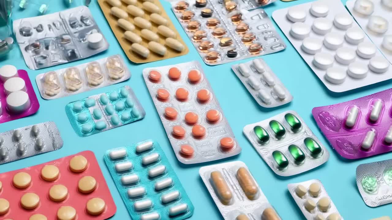 Top-down view of colorful pill blister packs on blue background, ideal for a health video