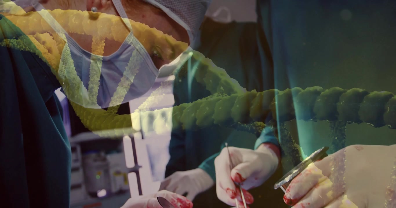Surgeons Performing Operation with DNA Helix Overlay