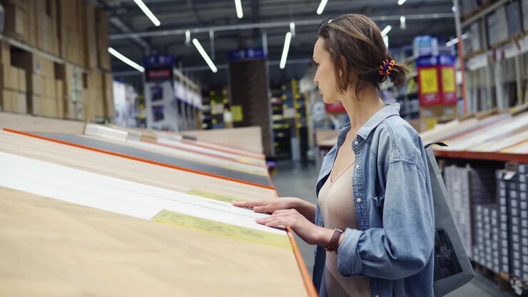 A young caucasian woman in a large hypermarket, in the department of building materials and wood. Touching the wood surfaces, laminate. Concentrated chooses the product. Side view