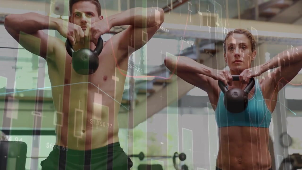Animación de procesamiento de datos sobre ejercicio en el gimnasio.