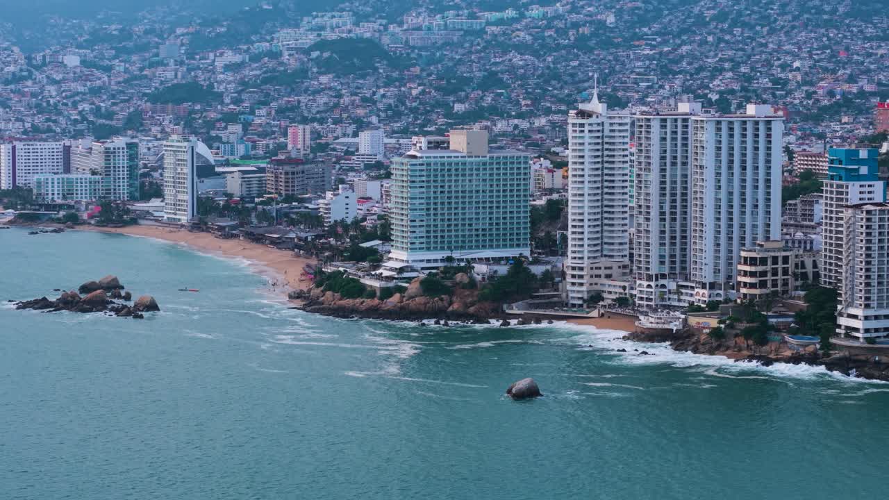 Drone shot overlooking Acapulco Beach in Guerrero, Mexico