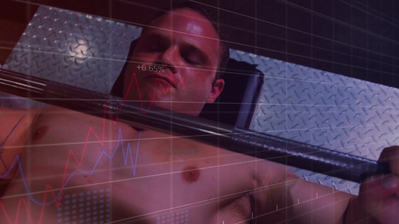 Man lying on bench gripping barbell, repeating presses for fitness while HUD metrics fluctuating