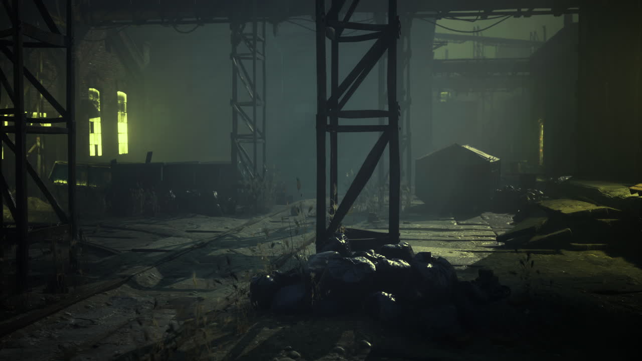 Forgotten industrial site illuminated by foggy green light at nighttime