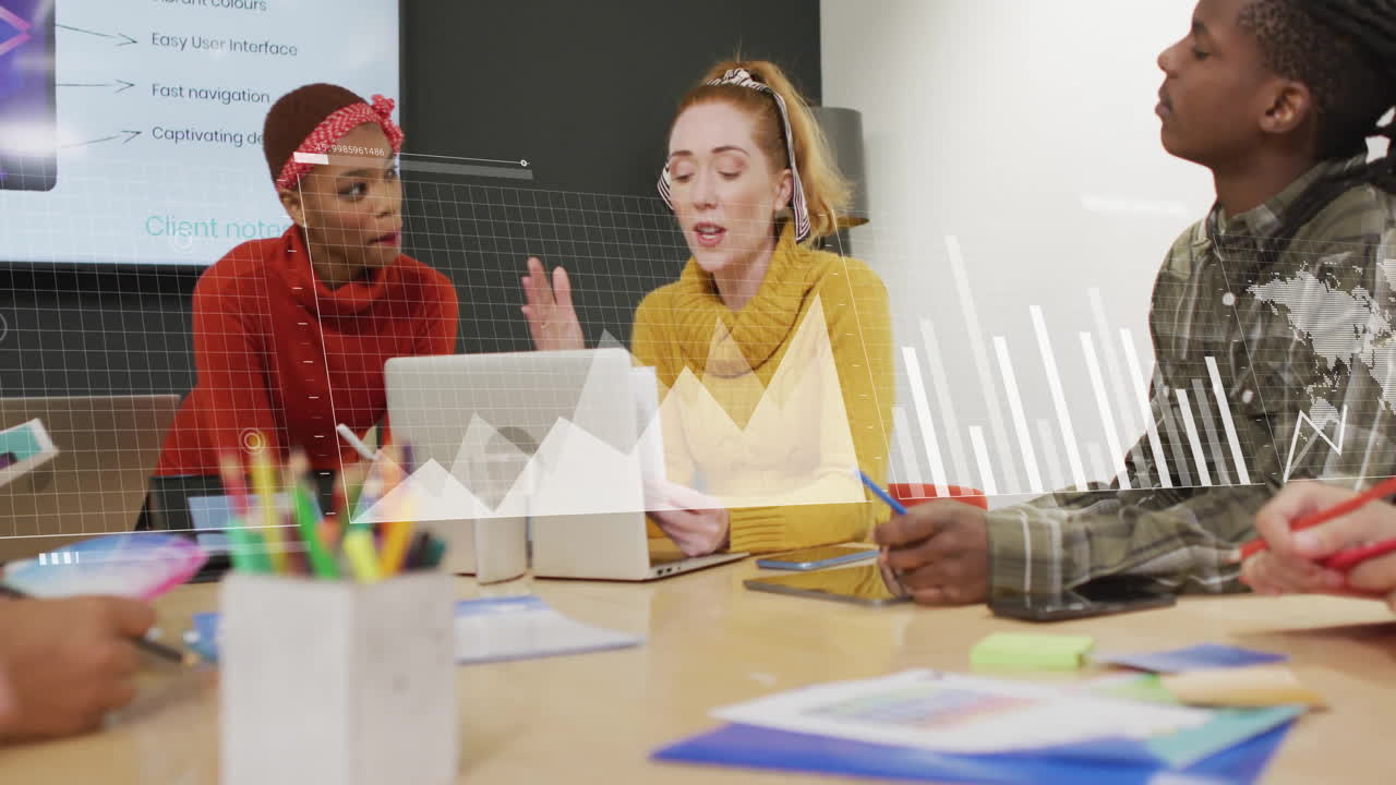Animation of financial data processing over diverse business people in office