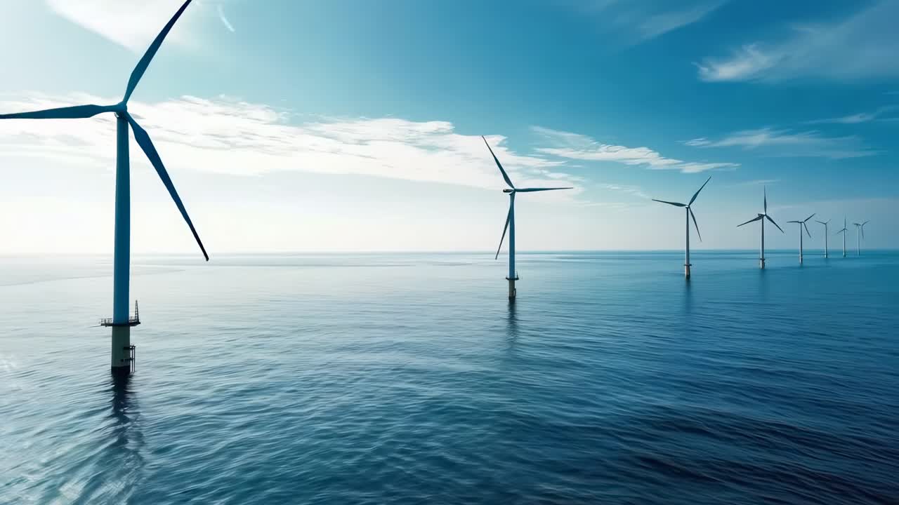 Aerial video captures a serene ocean view with a row of wind turbines, showcasing renewable energy