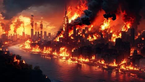 a large city on fire in the middle of a city