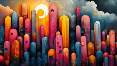 colorful abstract cityscape with vibrant shapes and sunset glow