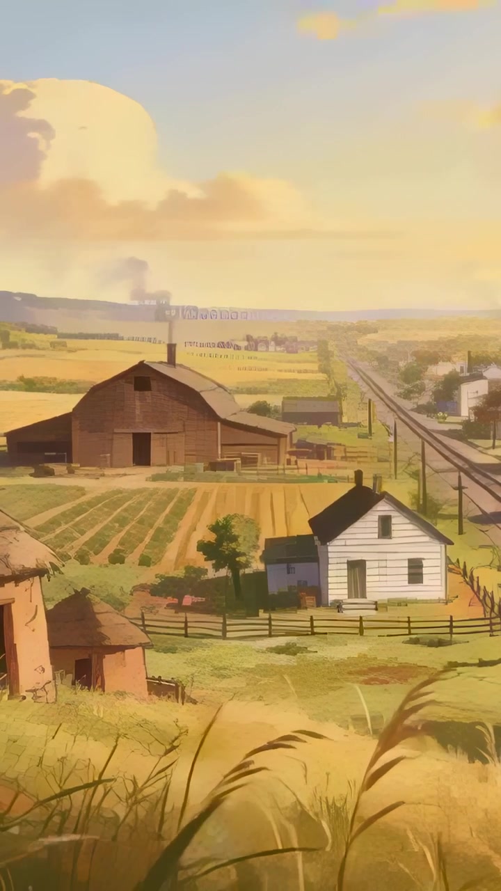 Vertical video: Panning camera revealing barn and farmhouse on farm, doors open, railroad to town