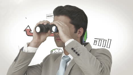 businessman looking through binoculars against brainstorm