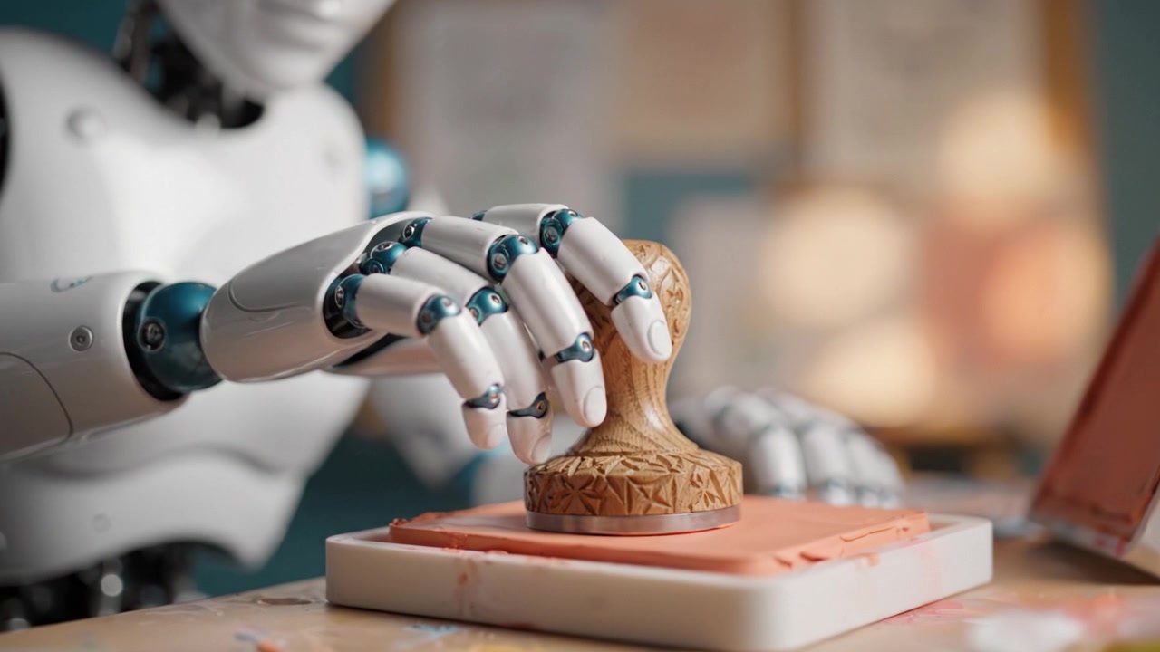 En humanoid robot stempler omhyggeligt en form med et træpresseværktøj, der viser indviklet detaljearbejde i et kreativt arbejdsområde fyldt med kunstforsyninger og inspiration.