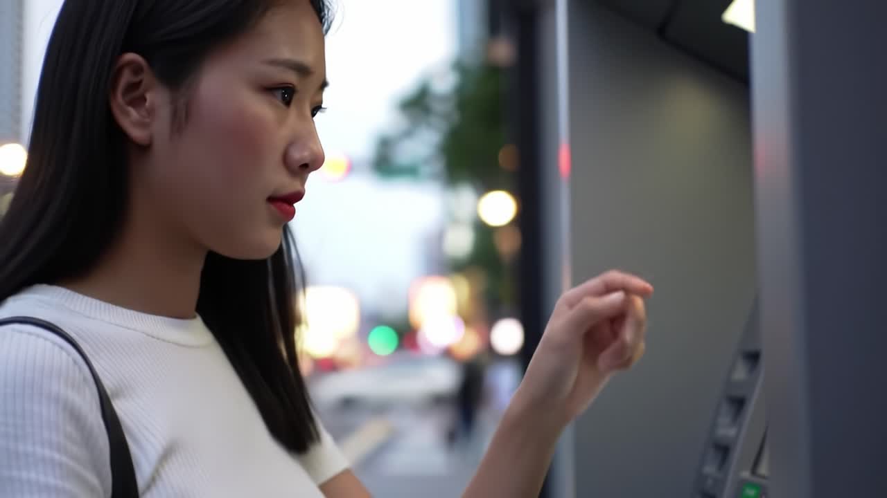 A focused woman using an ATM in an urban setting, showcasing momentary concentration amidst the bustling streets, highlighting moments of everyday life and financial transactions.