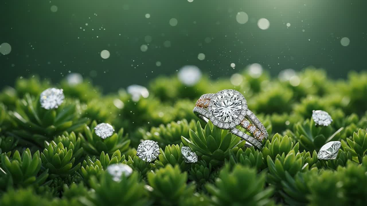 A Captivating Display of Brilliant Diamonds and Elegant Jewelry Set Against a Lush Greenery Background, Radiating Luxury and Nature's Charm