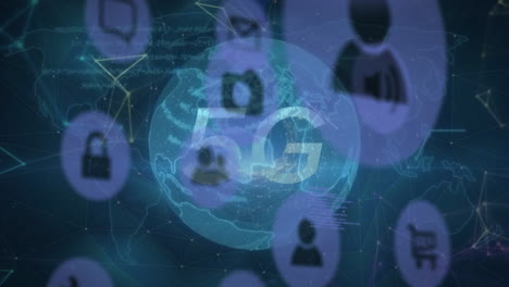 animation of data processing and media icons over globe and 5g text