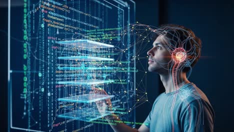 a futuristic interface interaction: a young man engages with advanced technology and holographic displays while exploring digital code and data layers