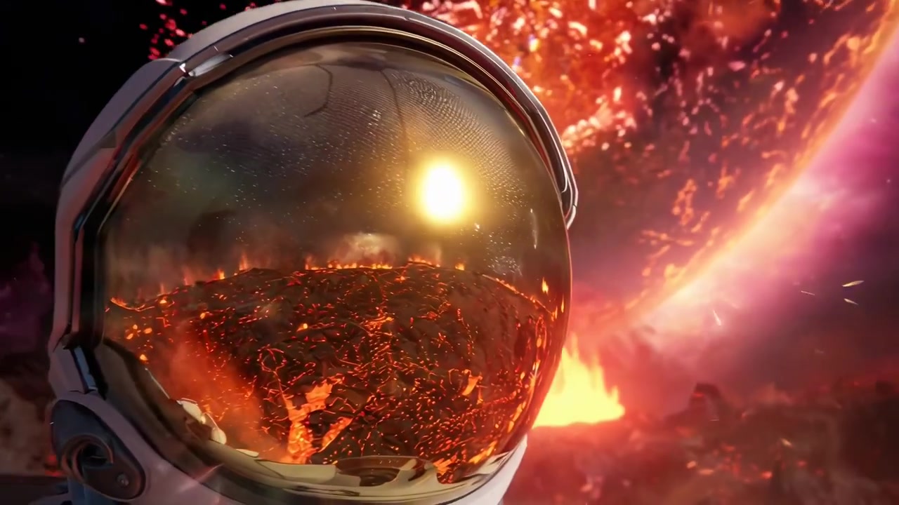 Astronaut's Helmet Reflects a Fiery Alien Landscape