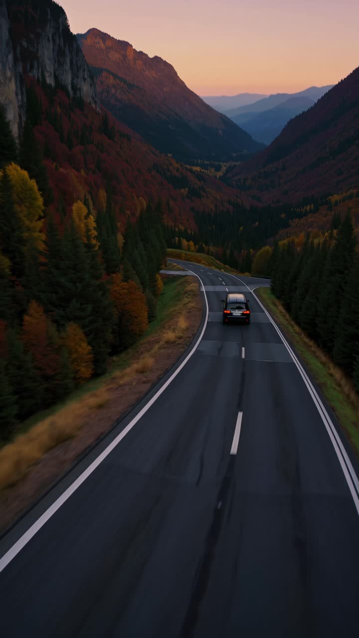 A car drives down a winding mountain road at sunset, captured from a rear low-angle