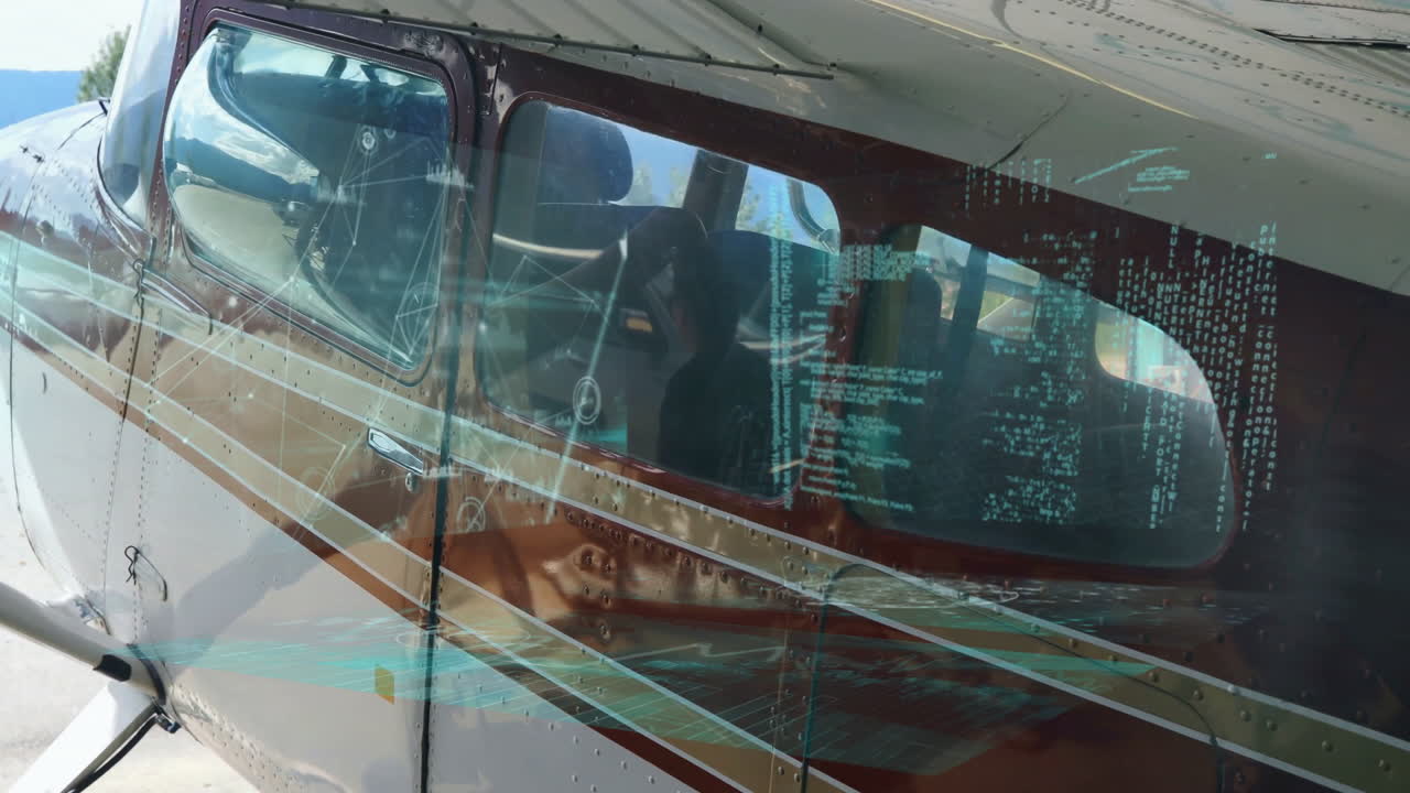 Animation of digital data overlaying windows of small aircraft in flight