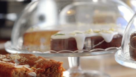 a panning shot of a delicious and unique cake selection in a local coffee shop | gourmet coffee house | shot in hd at cinematic 24 fps