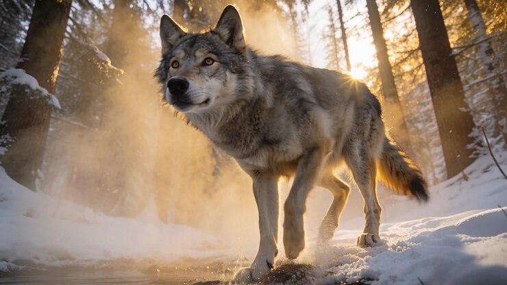 Lobo gris adulto bebiendo levanta la cabeza, pisando una orilla nevada después de lamer el arroyo para escanear el bosque.
