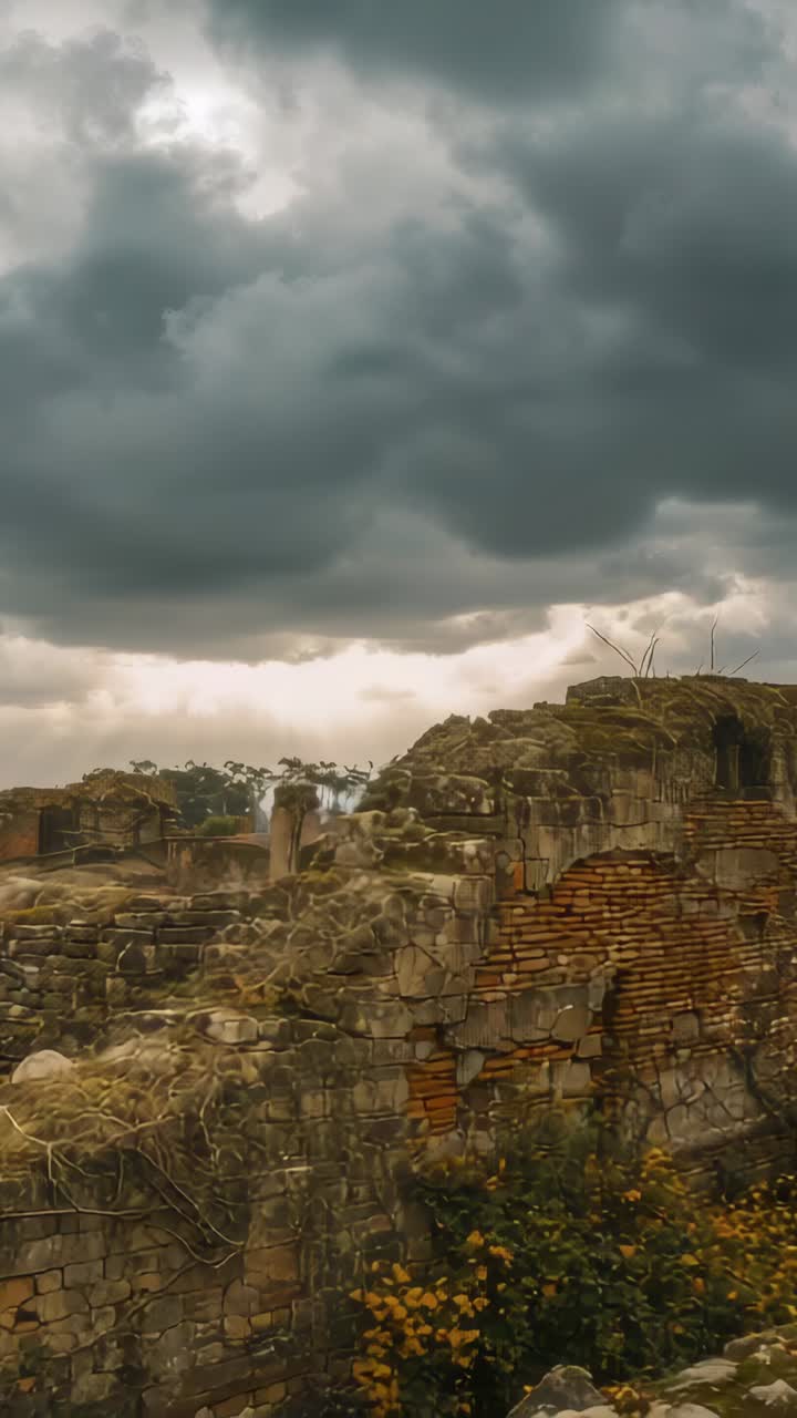 Vertical video: Tilting camera showing ruin wall, vines, yellow blooms under clouds signaling rain