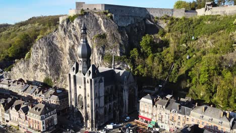 Rising-aerial-shot-of-the-Notre-Dame-cathedral-in-Belgium,-a-historical-landmark-in-Europe