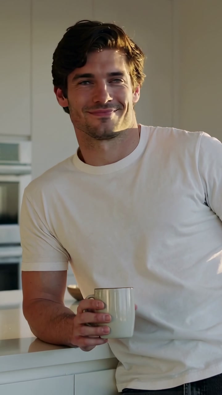 Vertical video: Smiling man in white tee leaning at kitchen counter, reacting to voice, holding mug
