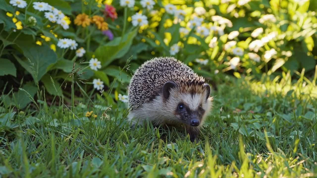 Nahaufnahme, Videoaufnahme auf Augenhöhe eines Igels, der einen lebendigen Garten erkundet, umgeben von sattem Grün.
