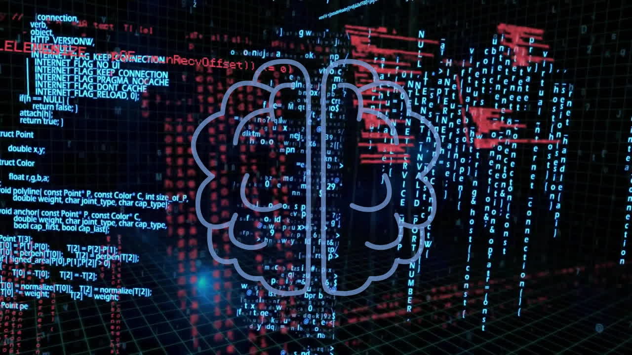 Animation of ai text and brain with data processing over black background