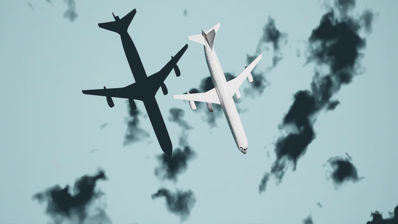 Visualization commercial airplane flying through clouds, shadows, 3d animation