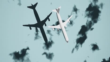 Visualization-commercial-airplane-flying-through-clouds,-shadows,-3d-animation