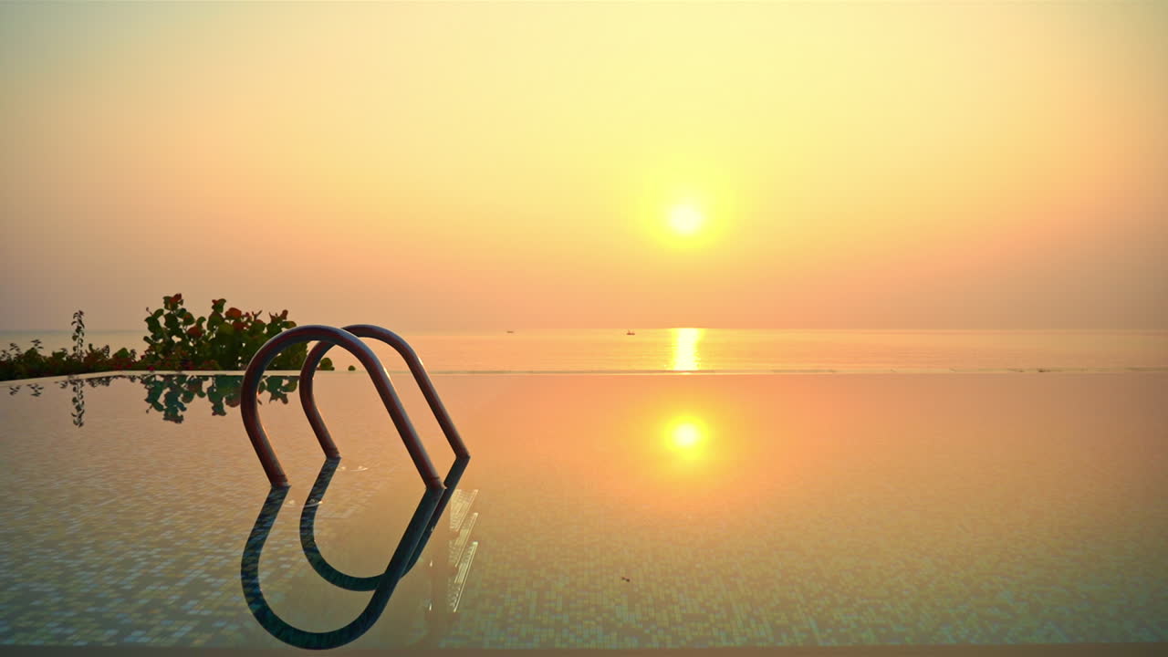 인피니티 수영장에서 멋진 바다 경치 황금빛 일몰 반사